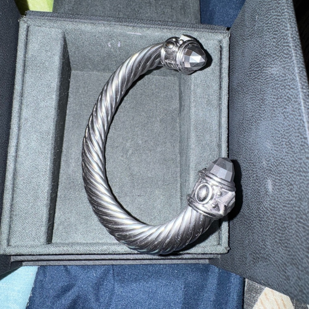 David Yurman Stainless Steel Cable Cuff Bracelet with Hematine Ends